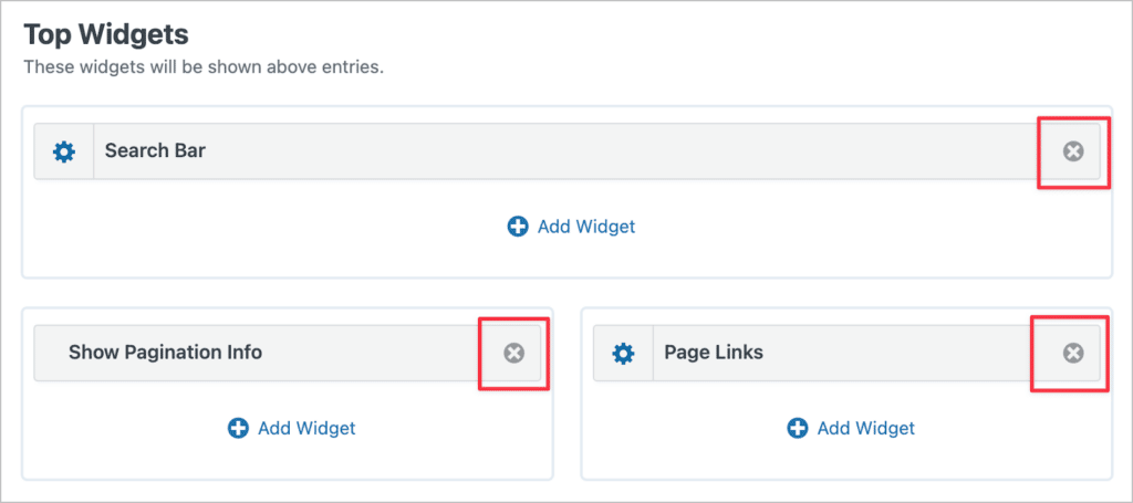 The Top Widgets area in the GravityView View editor