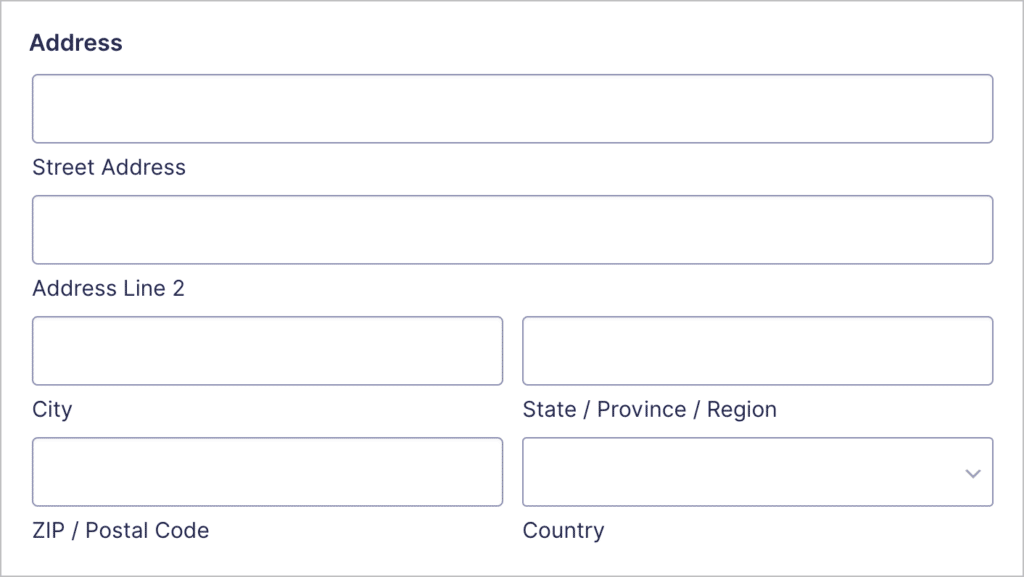 The Gravity Forms Address field with text inputs for the street, city, state, ZIP and country
