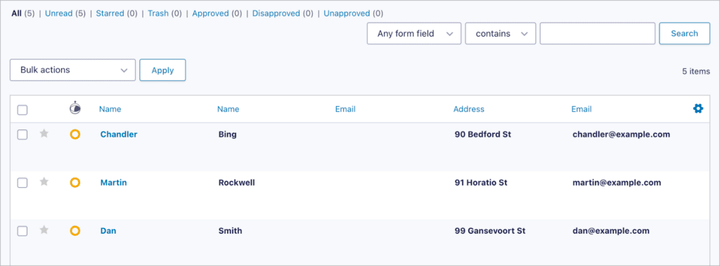 The Gravity Forms Entries page in WordPress