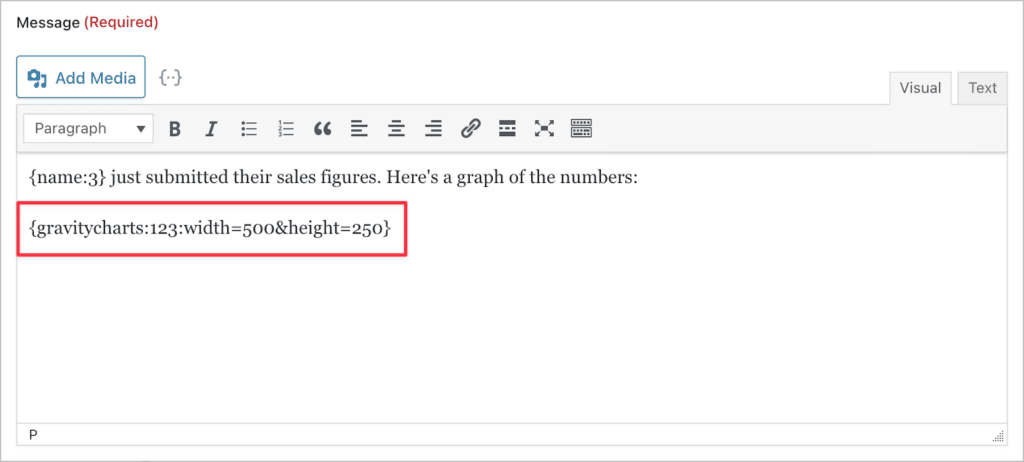 The GravityCharts merge tag inside the notification email message