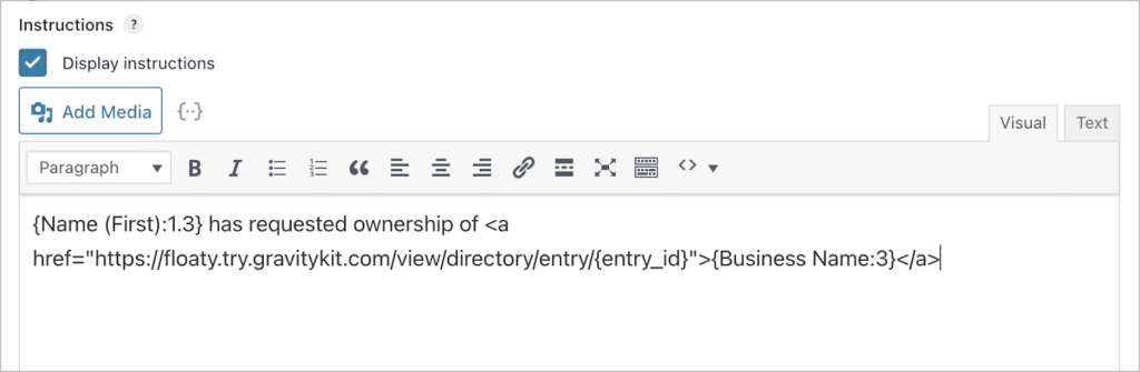 Adding Gravity Forms merge tags inside the instructions box