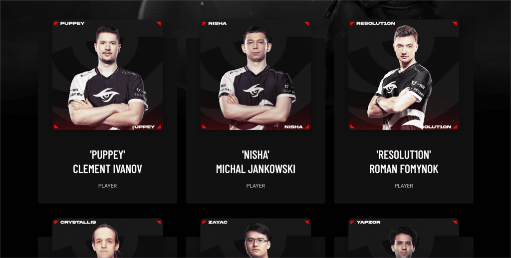 Team Secret's team page