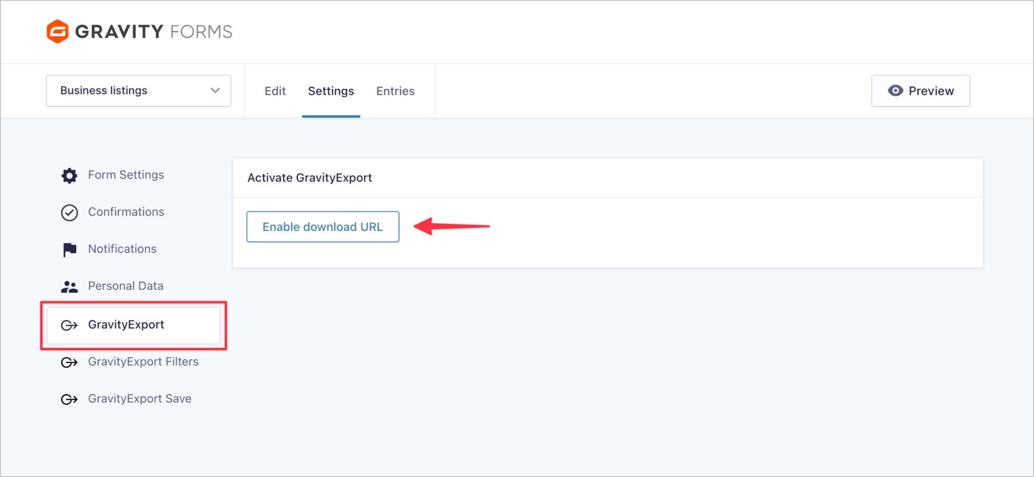 An arrow pointing to a button labeled 'Enable download URL on the GravityExport feed page