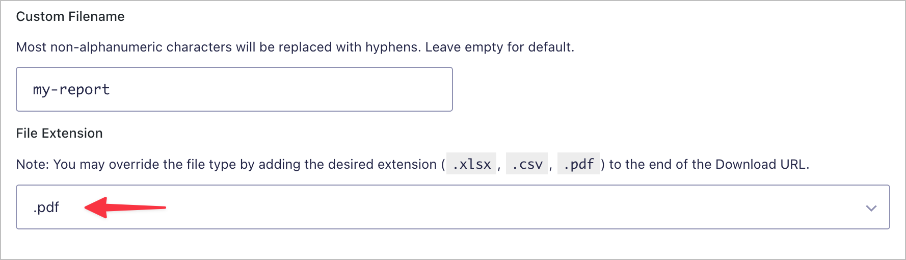 A dropdown titled 'File Extension'; it is set to '.pdf'