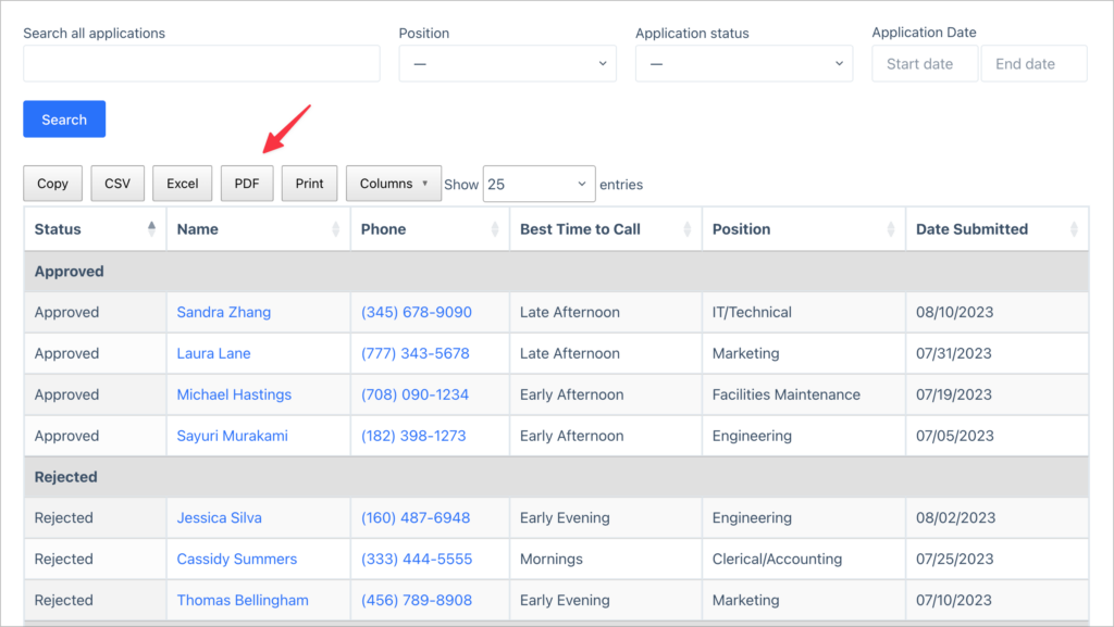A DataTable showing Gravity Forms entries; there is an arrow pointing to the PDF download button above.