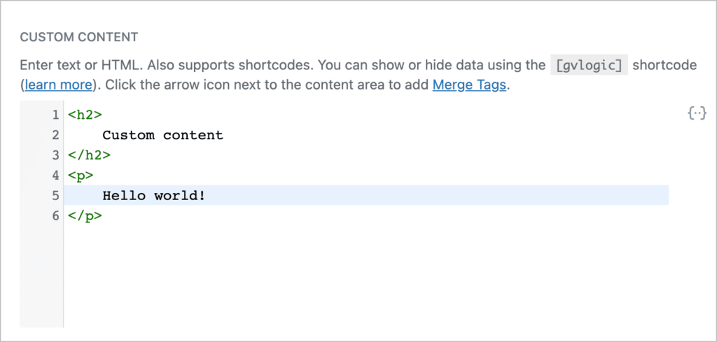 The GravityView Custom Content text editor