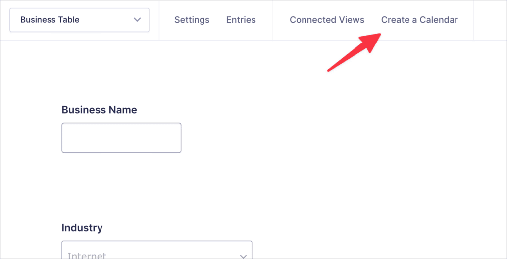 The 'Create a Calendar' link in the Gravity Forms form builder
