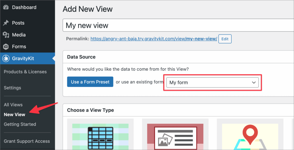 Creating a new View in GravityView