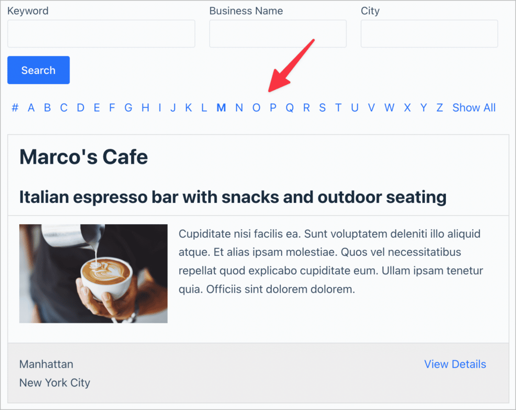 The A-Z Filters widget, showing a list of clickable links from A to Z
