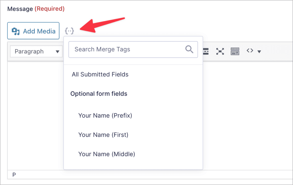 The merge tag picker for the Gravity Forms notification message box