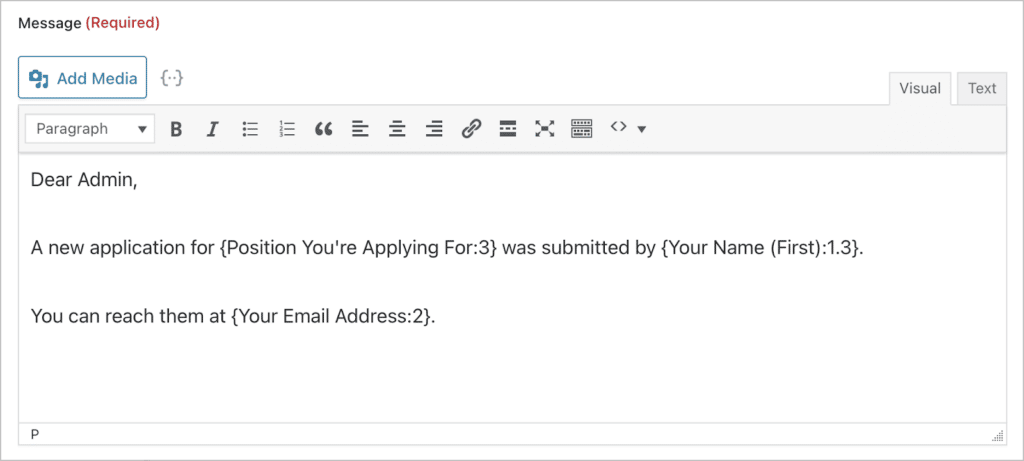 A notification message making use of Gravity Forms merge tags