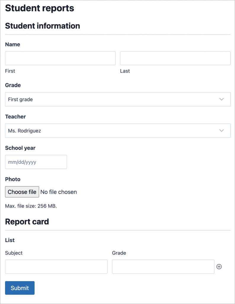 A Gravity Form for filling out student reports