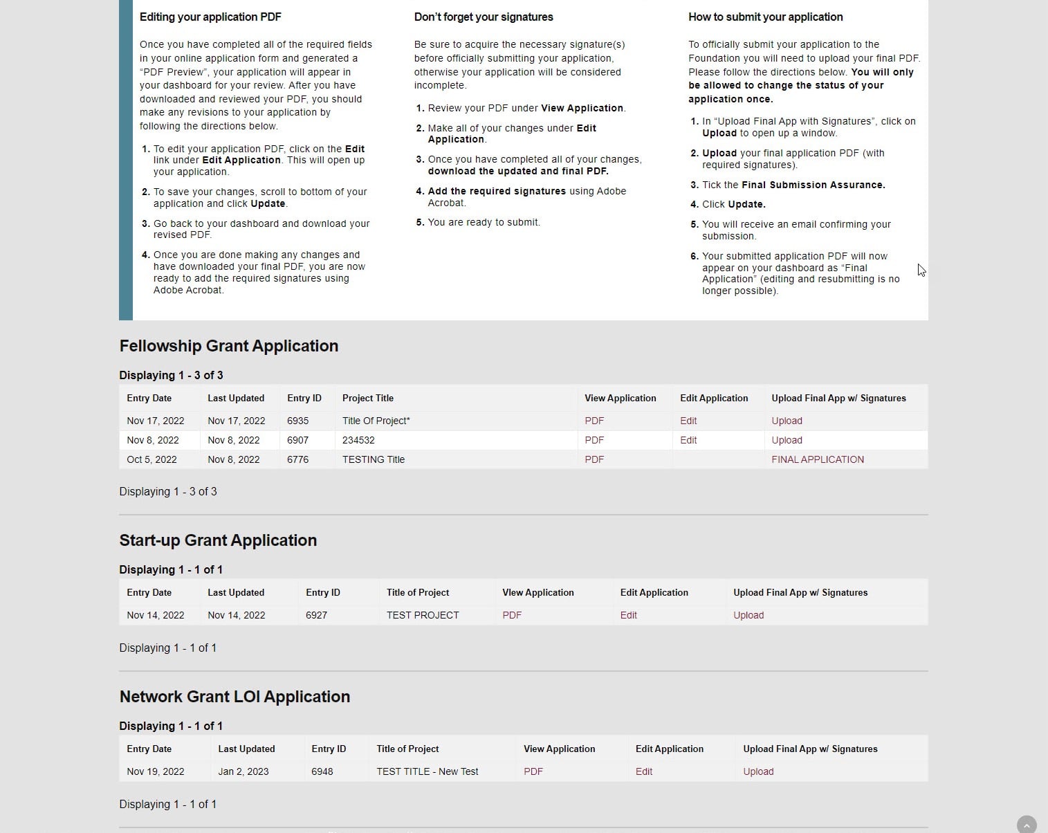The applicant dashboard (powered by GravityView) for applicants that have applied for grants from the Larry L. Hillblom Foundation