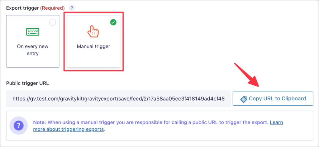 The 'Public trigger URL' generated by GravityExport, allowing you to manually trigger the exporting of Save feeds.