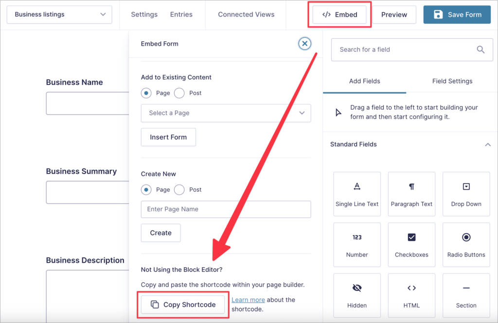 The 'Copy Shortcode' button in the 'Embed' menu in the Gravity Forms form editor