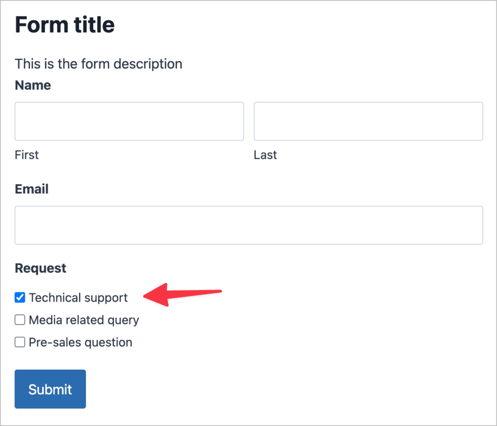 A form on the front end containing a checkbox field where the first option is already checked