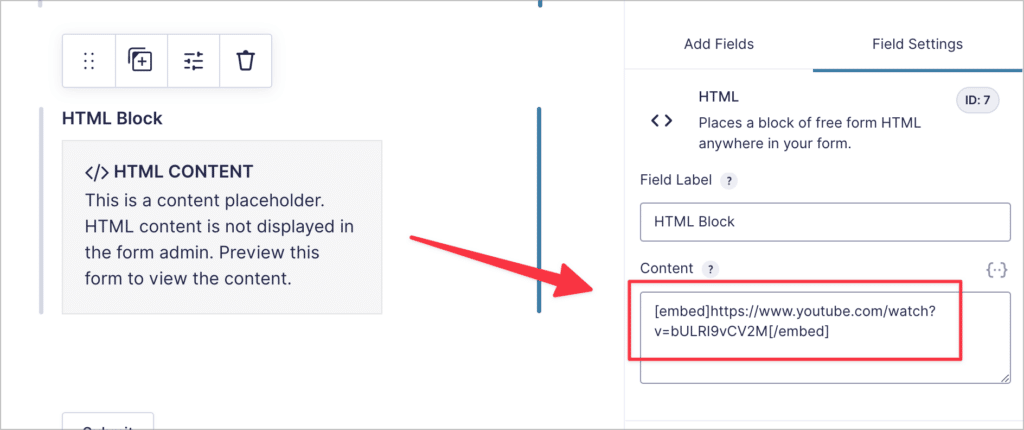 An 'Embed' shortcode inside the Gravity Forms HTML field
