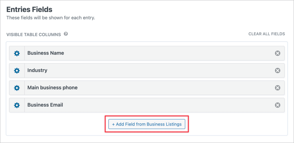 The Entries Fields section of the View editor
