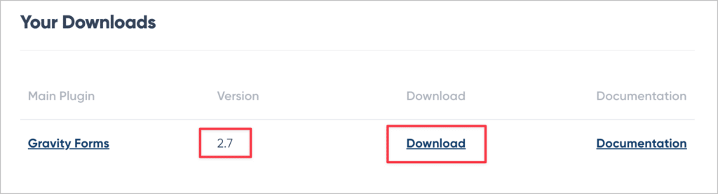 The 'Download' link for Gravity Forms 2.7 on the ravity Forms Account page