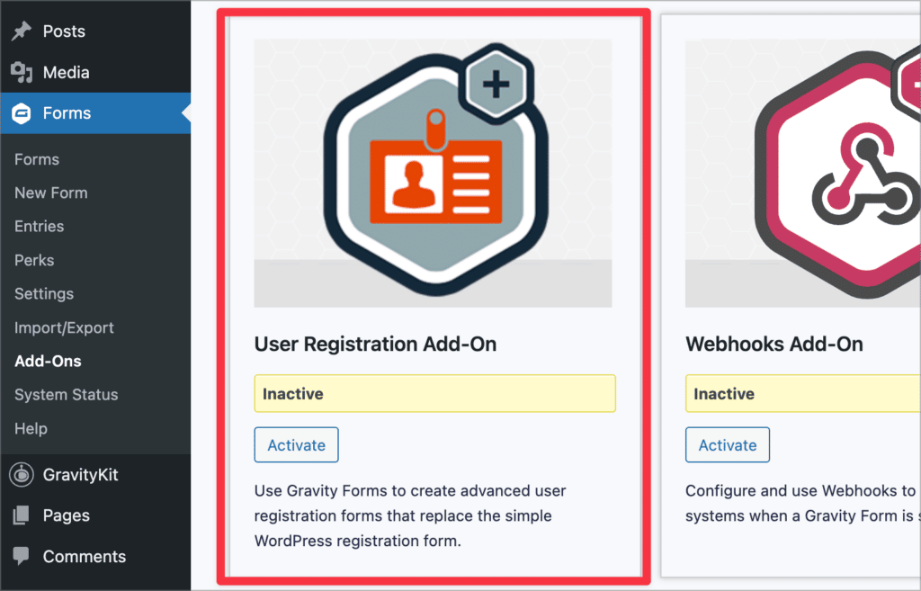 The Gravity Forms User Registration add-on