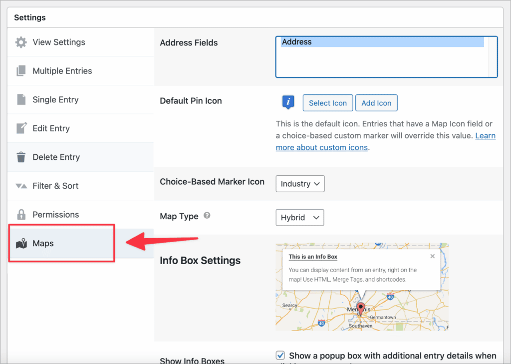 The GravityView Maps settings window
