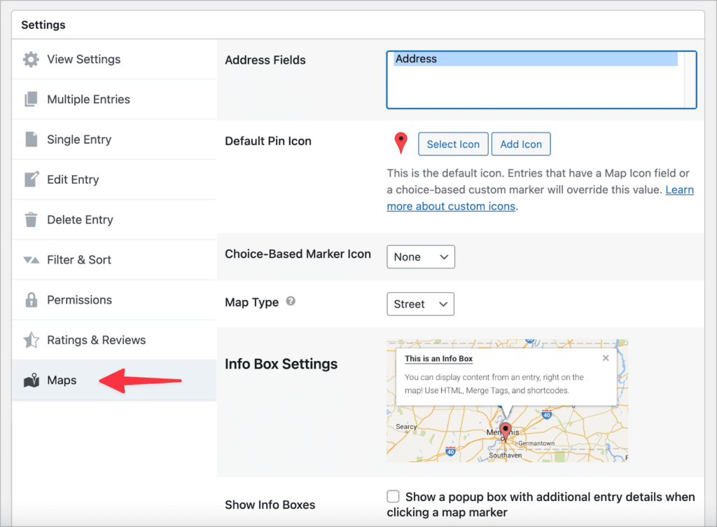 The Maps settings in the GravityView View settings box