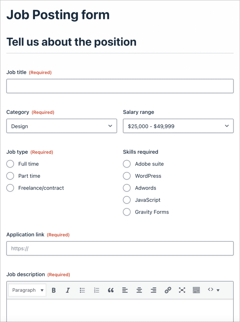 A job poting form with fields for job title, category, salary range, job type, application link, job description.