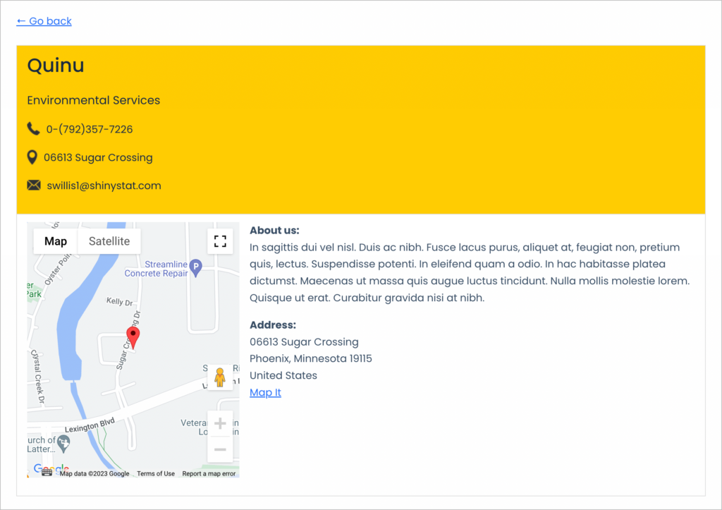 A directory listing for a business showing details about the business, including a map of its location.