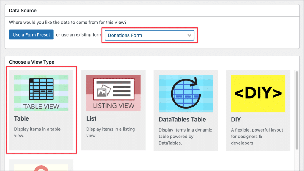 The data source and View Type selection screen when creating a new View in GravityView