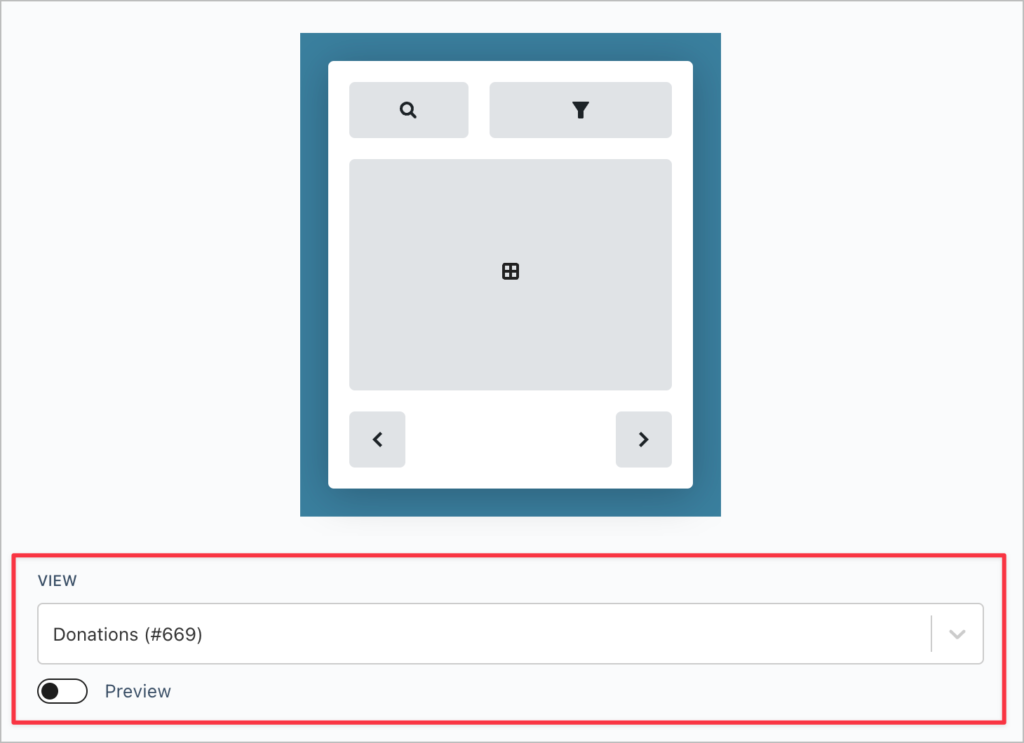 The GravityView View block in the WordPress editor, used for embedding Views on pages or posts.