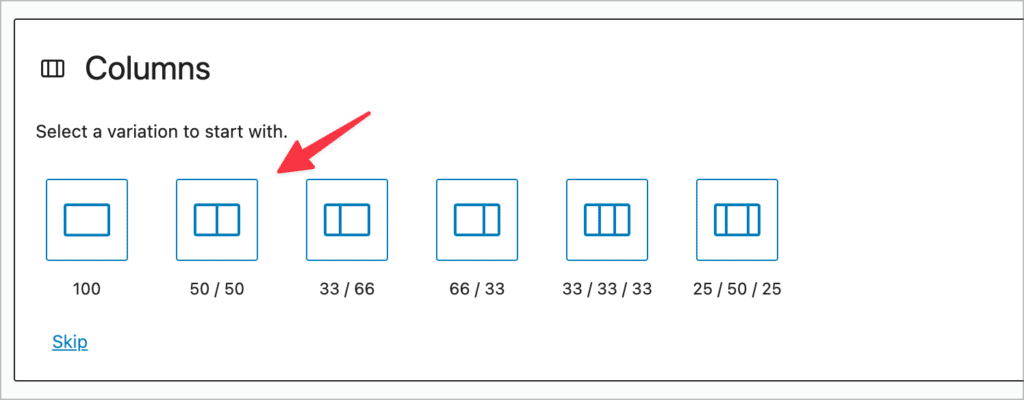 The different column structures for the WordPress 'Column' block