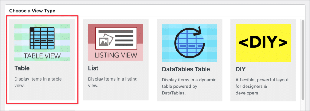 The GravityView 'Table' View type
