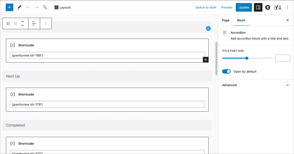 The WordPress editor with several blocks, including shortcode blocks with the GravityView embed shortcode