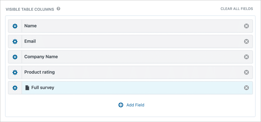 The GravityView View editor showing various fields that have been added to the 'visible table columns' section