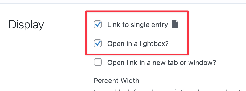 Two checkboxes that have been checked. They are labeled 'Link to single entry' and 'Open in a lightbox?' respectively.