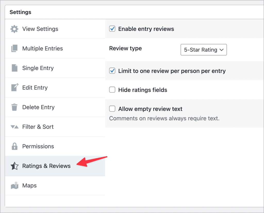 The 'Ratings & Reviews' settings in GravityView