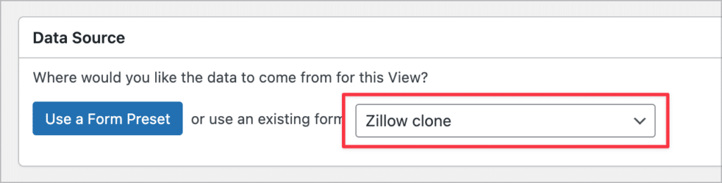 A dropdown field for selecting a data source for a View in GravityView