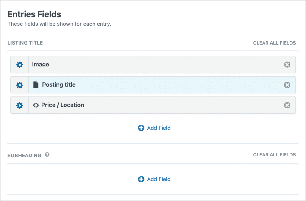 The 'Entries Fields' section of the GravityView View editor