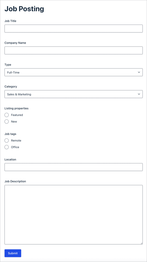 A Gravity Form on the front end with fields for Job title, Company name, Job Type, Category, Location and job Description