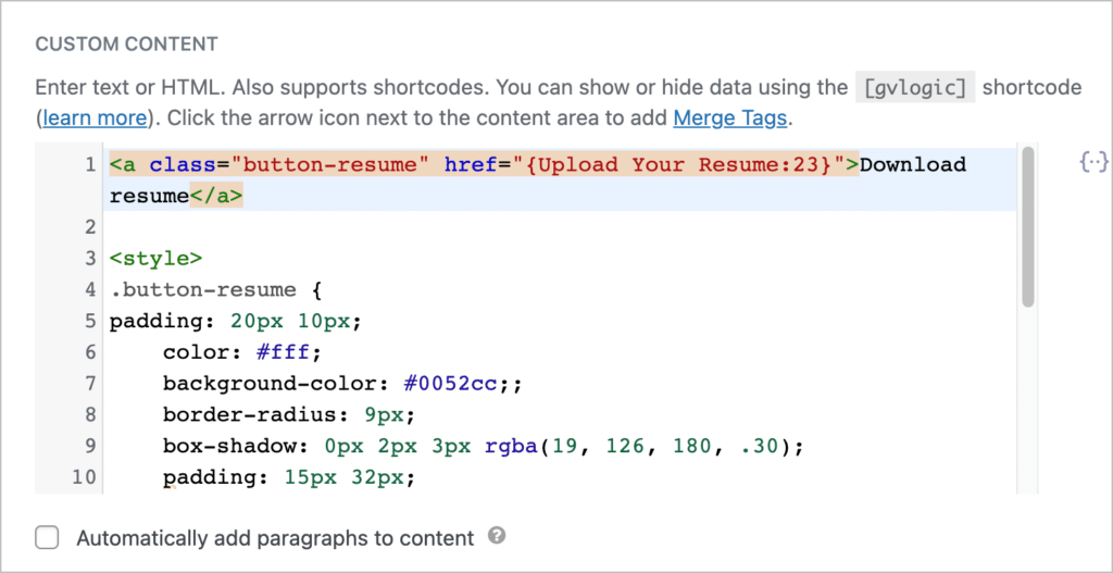The GravityView Custom Content field text editor with HTML and CSS code
