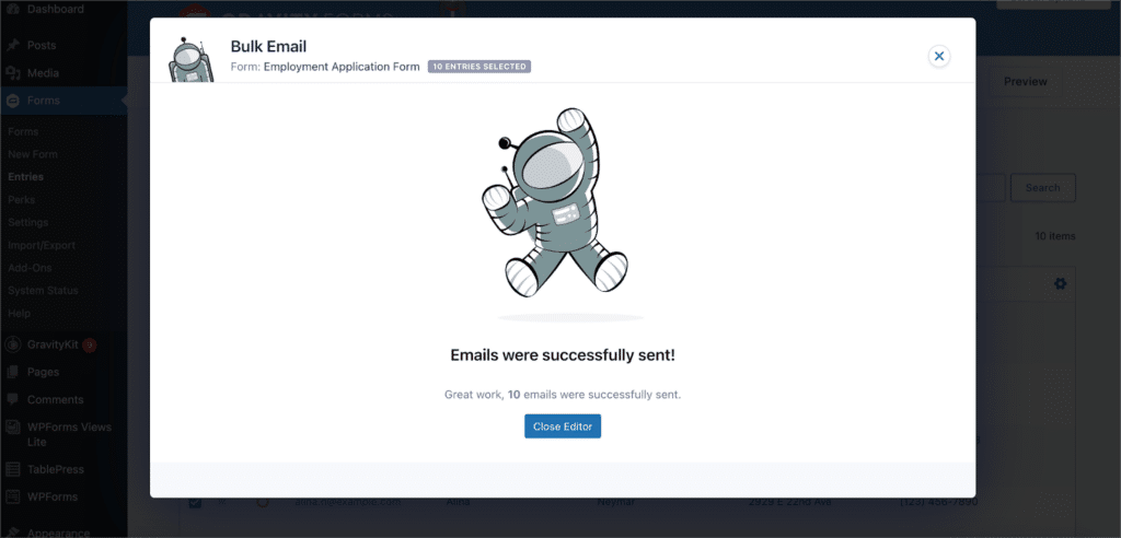 A success message that says 'Emails were successfully sent!"