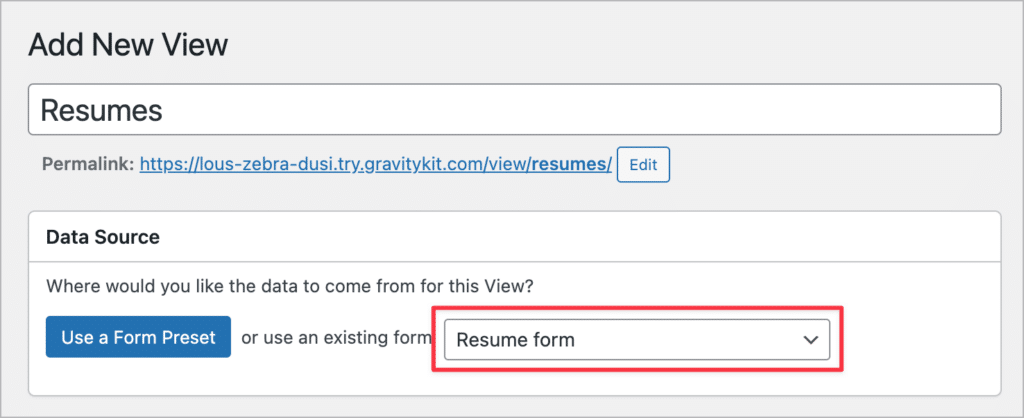 The data source dropdown when creating a new View using GravityView