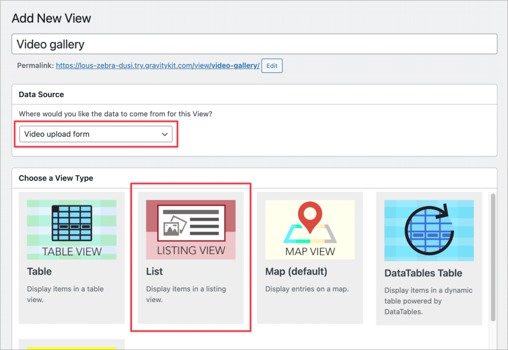 Initial View configuration in GravityView—selecting a data source and choosing a View Type