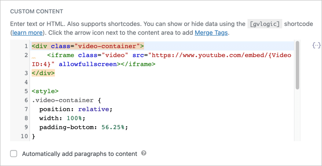 HTML code inside the GravityView Custom Content field