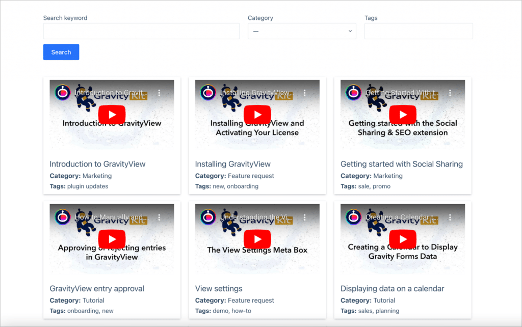 A video gallery built using Gravity Forms and GravityView