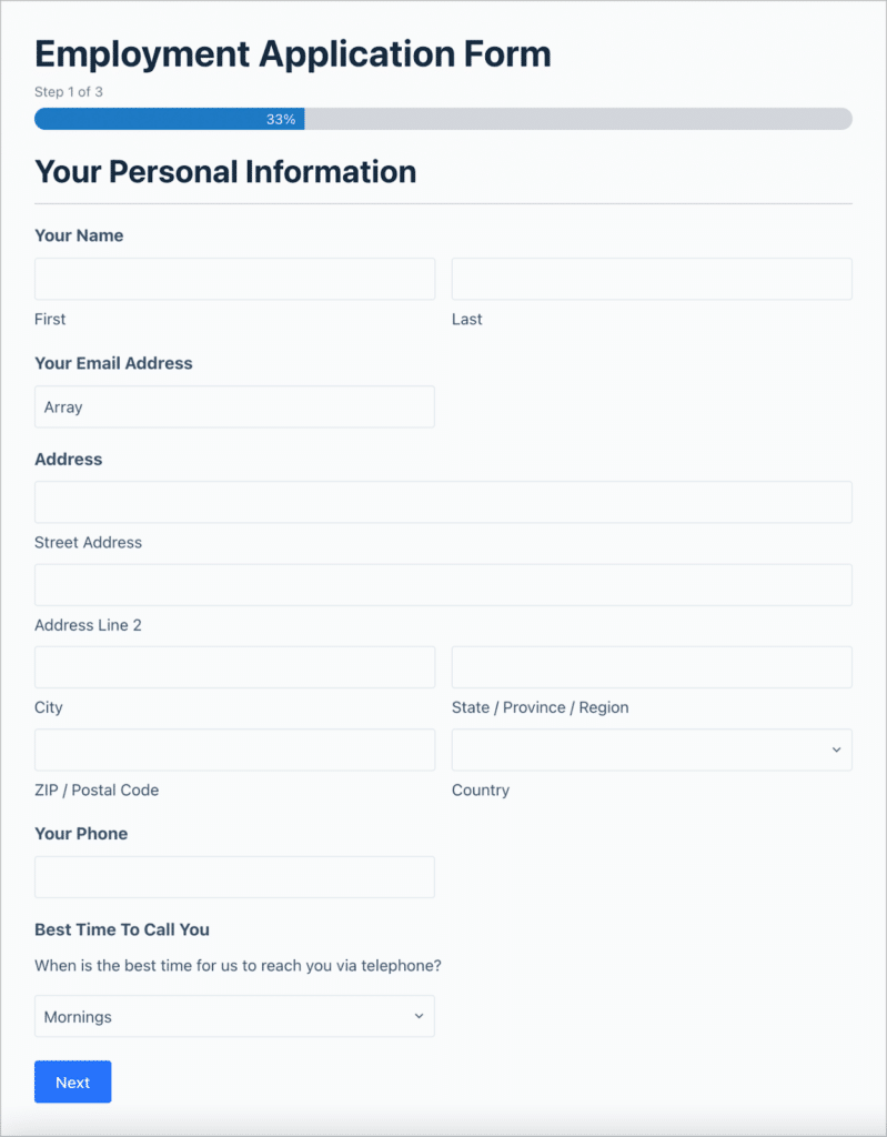 A multi-step amployment application form built using Gravity Forms