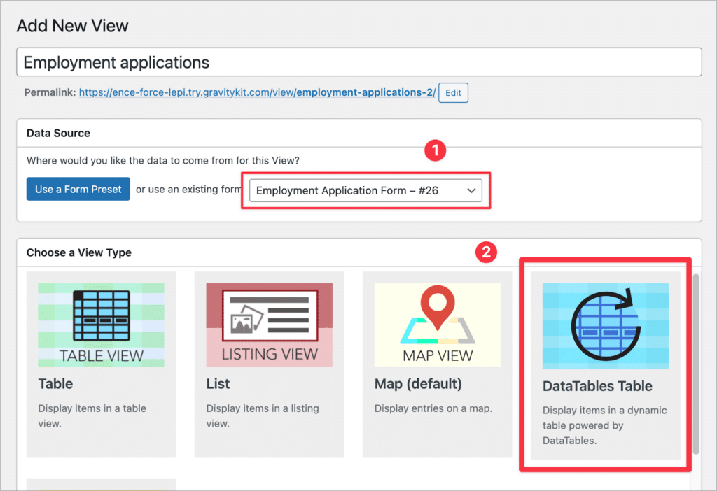 The initial steps when creating a new View in GravityView—selectin a data source and View Type