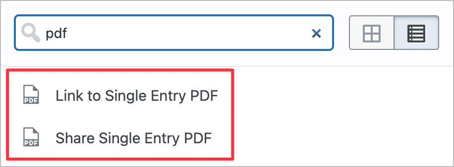 The new fields added to GravityView by PDF for GravityView—'Link to Single Entry PDF', and 'Share Single Entry PDF'