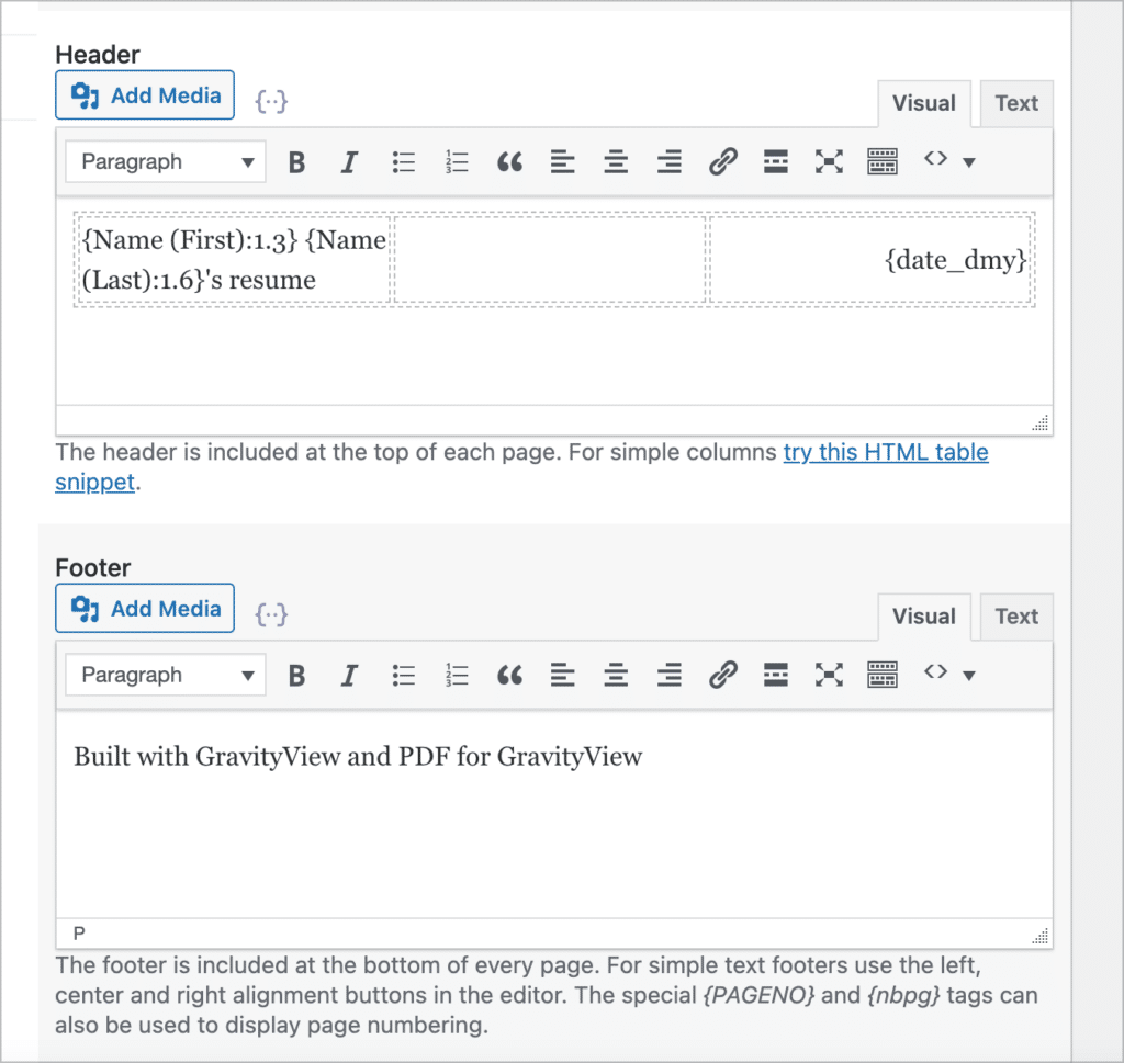 The PDF for GravityView header and footer settings