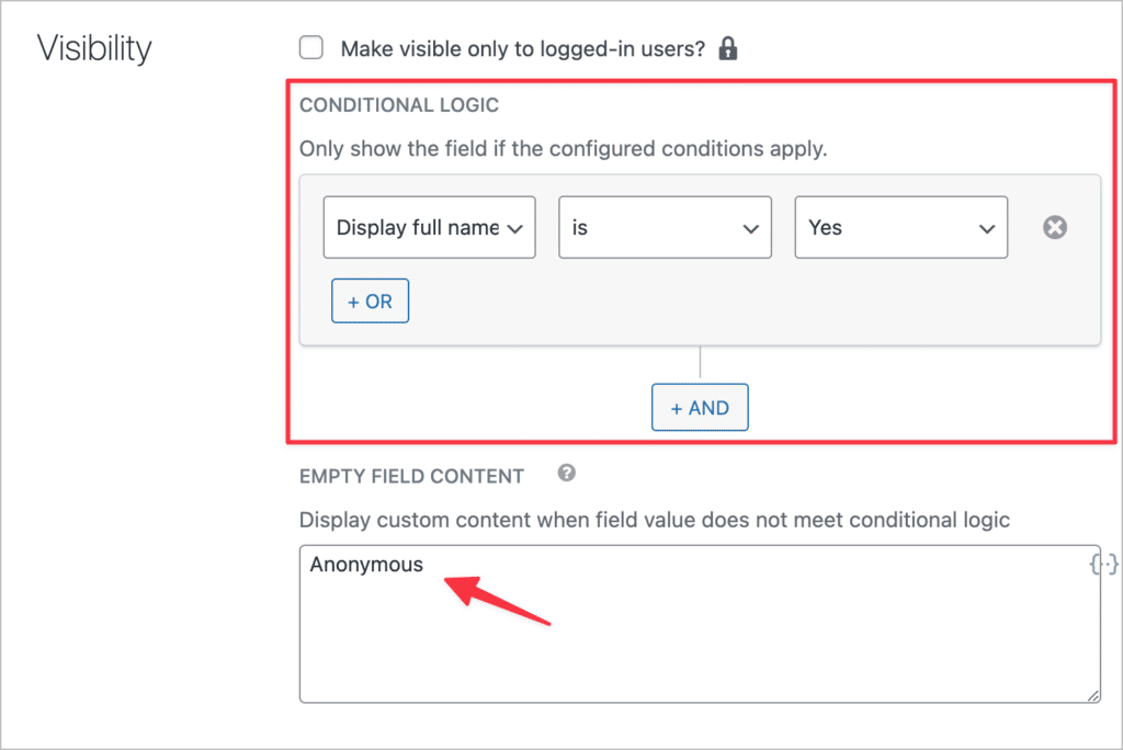 The field conditional logic settings in GravityView